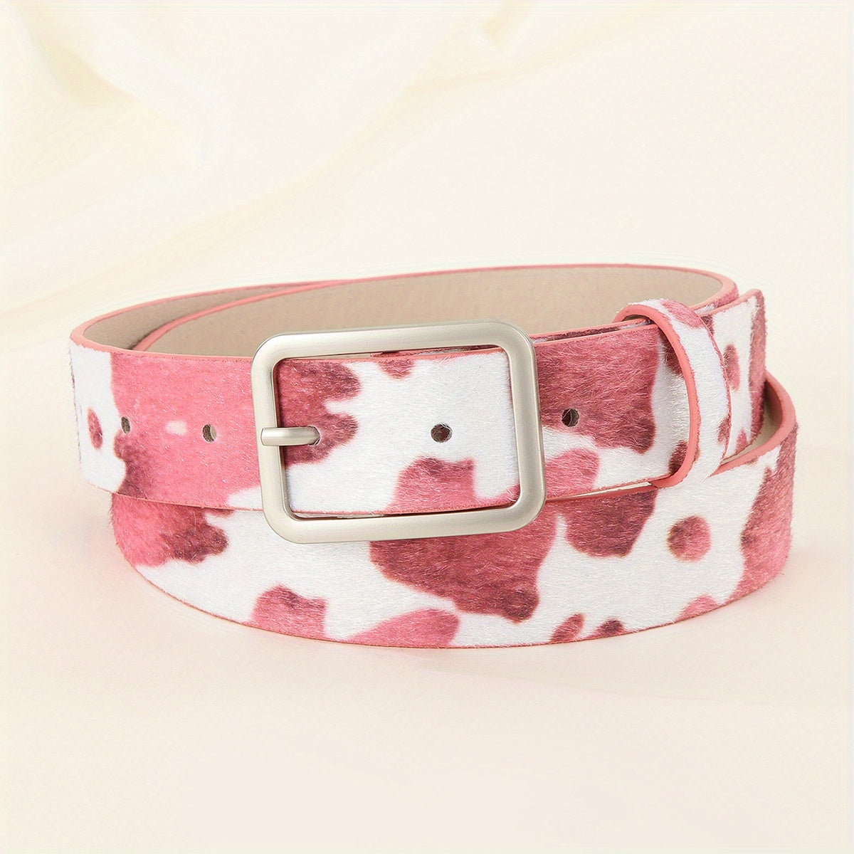 Y2K Style Cow Pattern PU Belt with Geometric Buckle