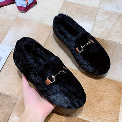 Women's Metal Decor Flat Loafers Plush Lined Shoes