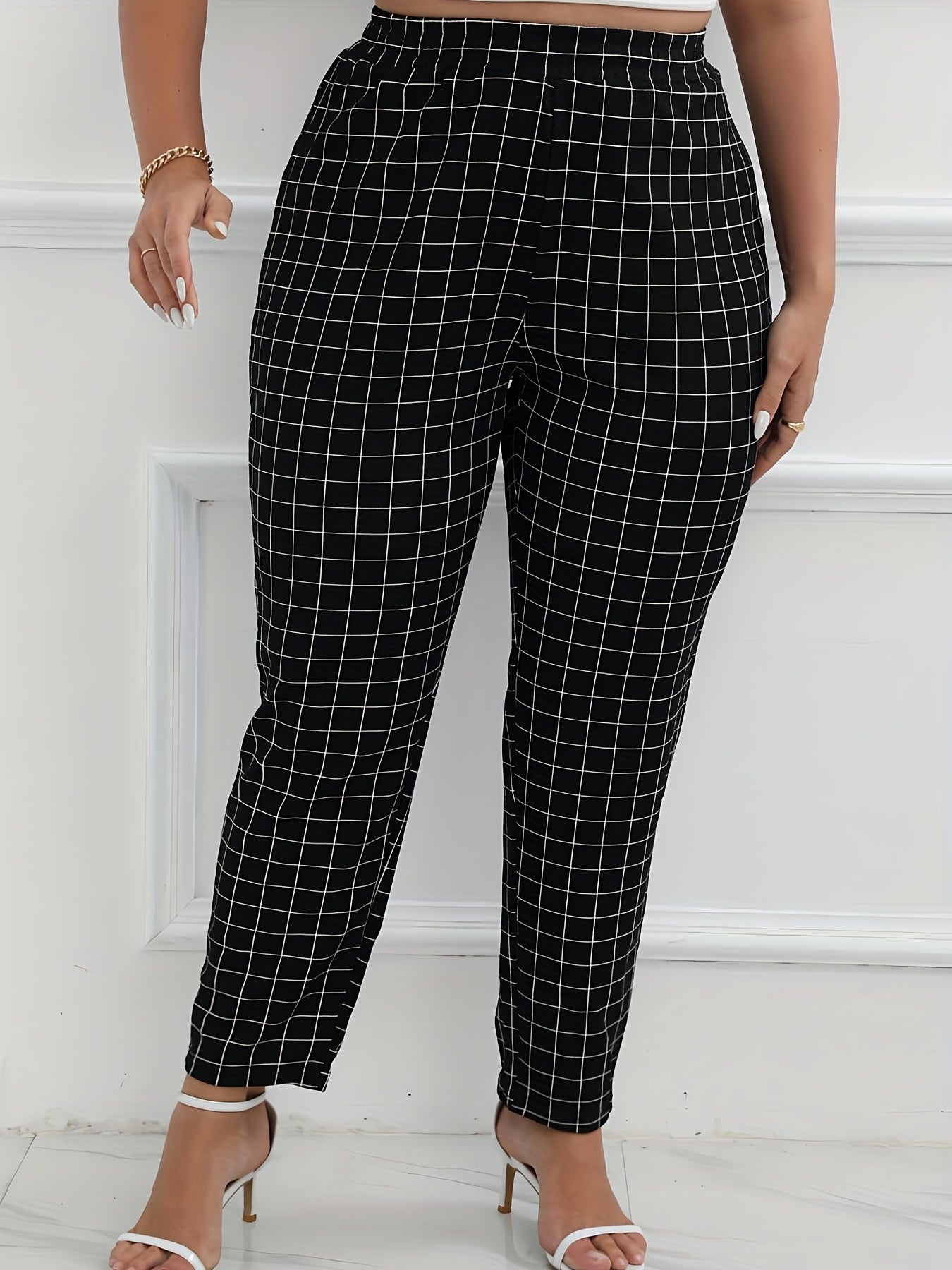  Windowpane Print High Rise Tapered Leg Pants