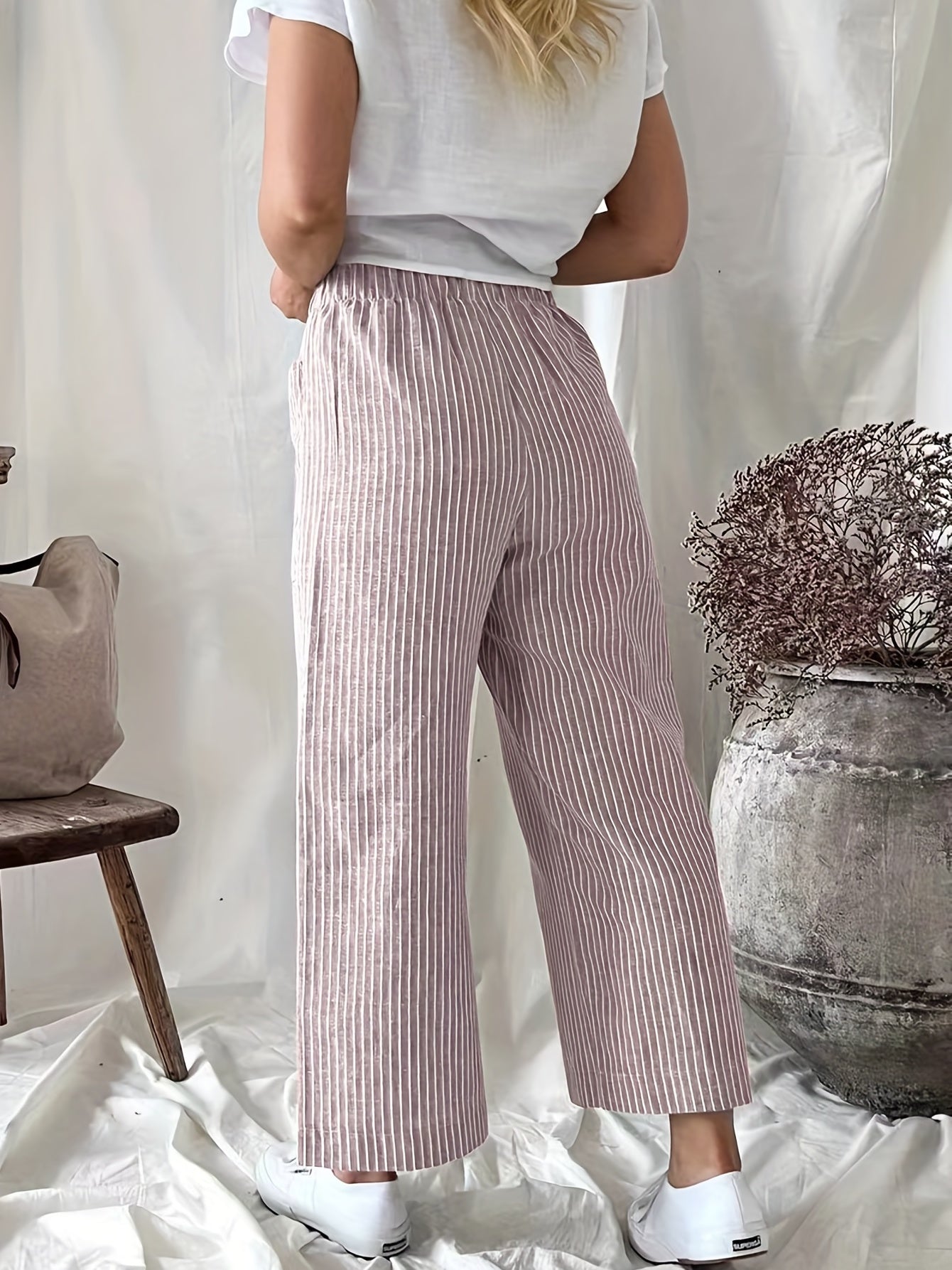  Striped Print High Rise Straight Leg Trousers