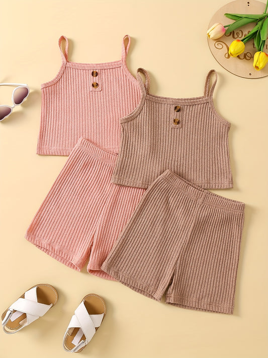 2-Piece Toddler Girl's Ribbed Knit Cami Crop Tops & Track Shorts Summer Outfit