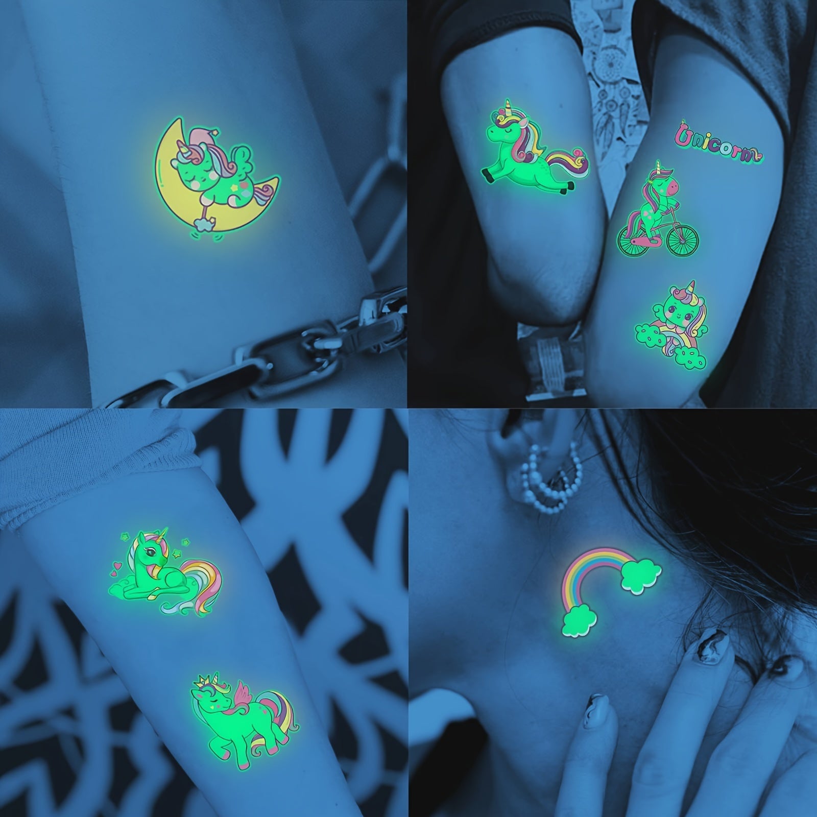 15 Unicorn Glow in Dark Tattoos Waterproof Stickers for Kids