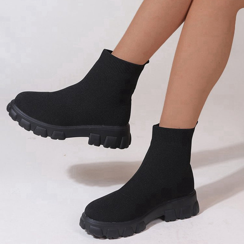 Women's Knitted Ankle Boots Solid Round Toe Slip on Boots
