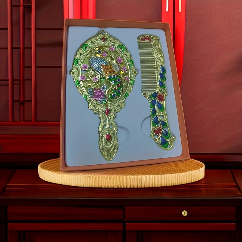 Vintage Mirror Comb Set Peacock Embossed Vanity Makeup Mirror