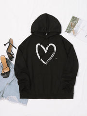 Women's Heart Print Hoodie Casual Drawstring Loose Sweatshirt