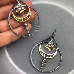 Vintage Moon Crow Evil Eye Big Hoop Earrings Exaggerated Punk Earrings