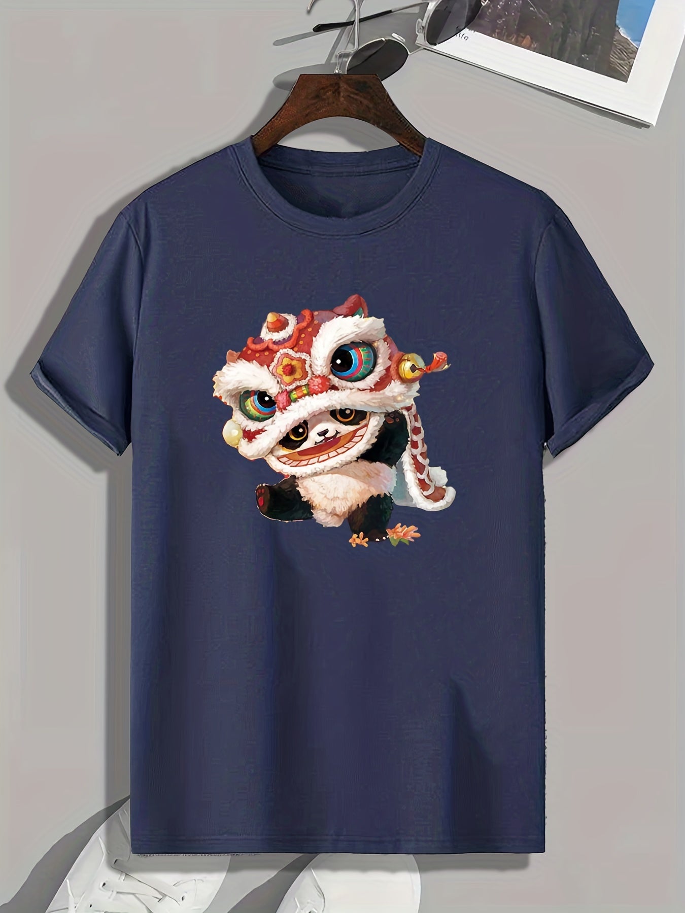 Panda & Lion Dance Print Men's Comfy T-shirt - Outdoor Summer Tee