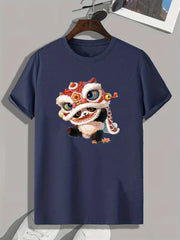 Panda & Lion Dance Print Men's Comfy T-shirt - Outdoor Summer Tee