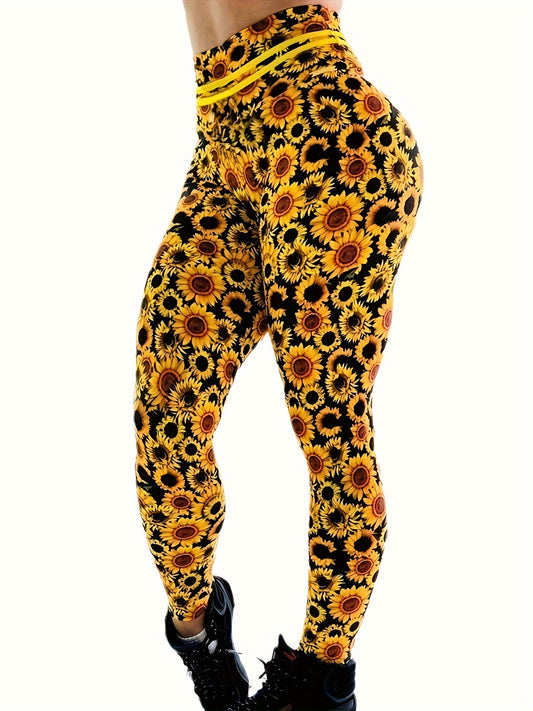Sunflower Print Yoga Pants High Stretch Leggings Women's Activewear