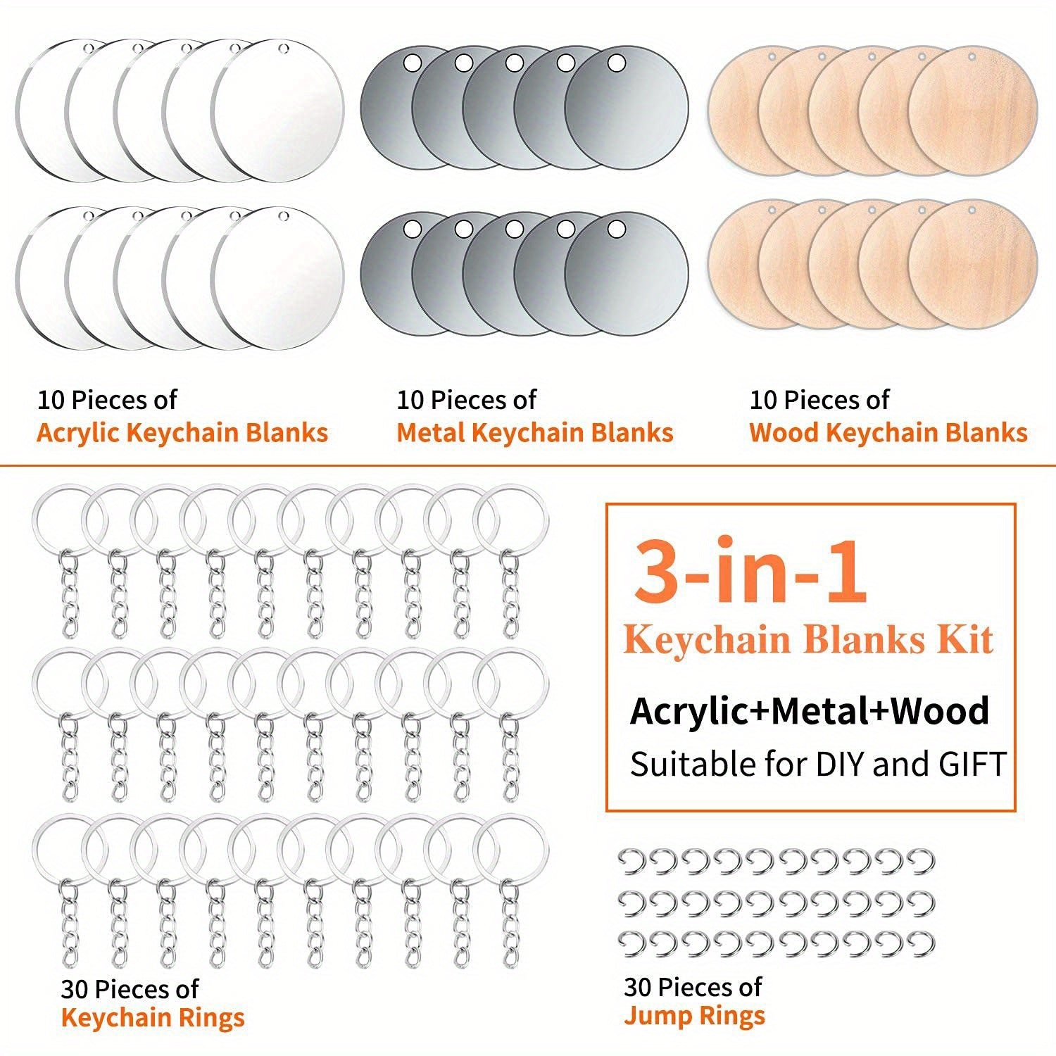 90PCS Sublimation Blanks Kit Keychain Stainless Steel Metal Blank Wood Blank Acr