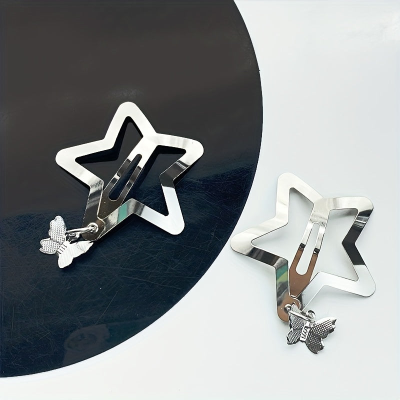 2pcs Y2K Hair Clips Silvery Snap Clips with Moon Butterfly Star Pendant