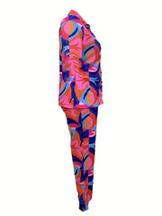  Tropical Print Blouse & Wide Leg Pants Set
