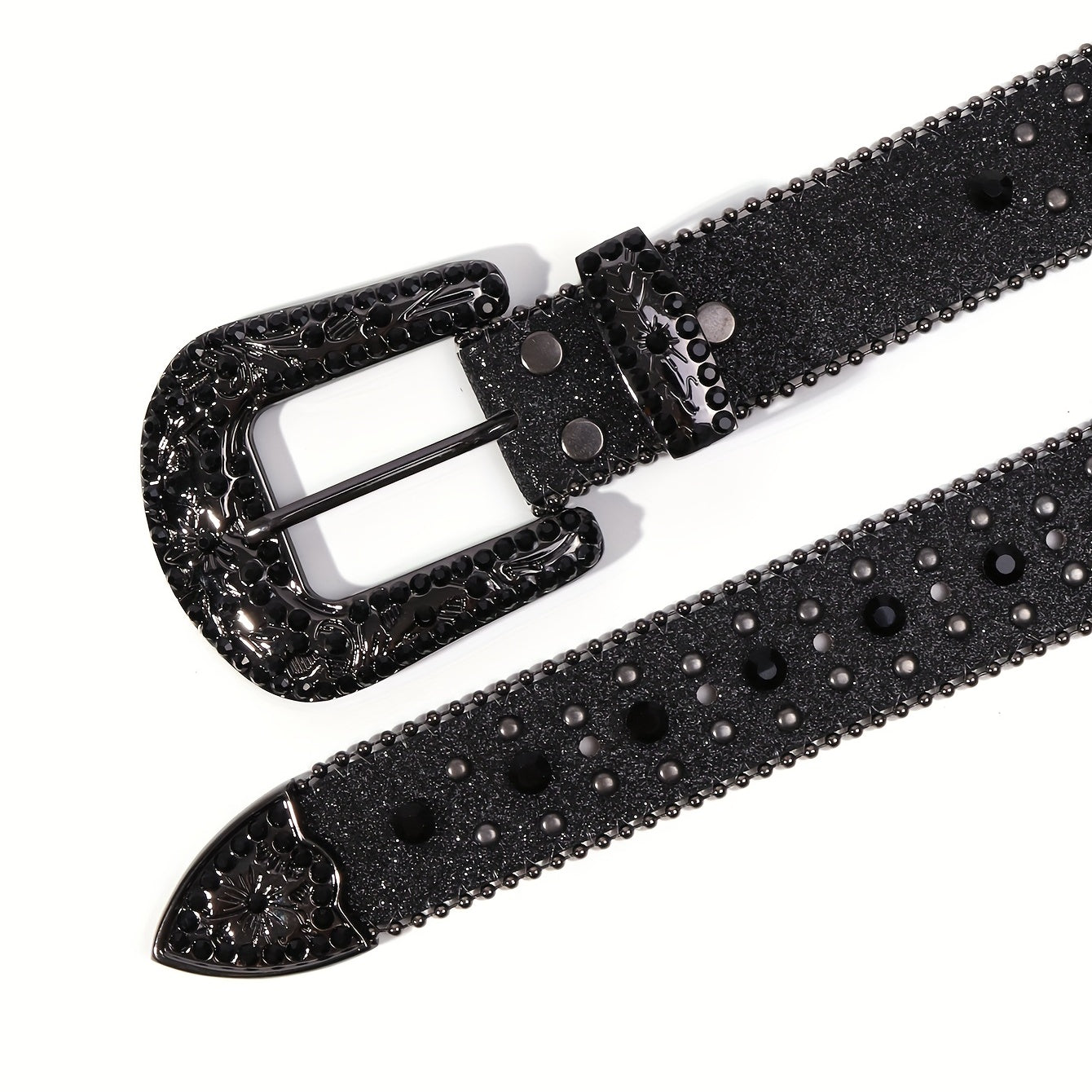 Glitter Buckle Rhinestone Belt Boho PU Leather Western Rivet Jeans Pants Women