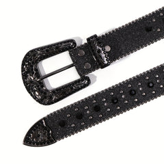 Glitter Buckle Rhinestone Belt Boho PU Leather Western Rivet Jeans Pants Women