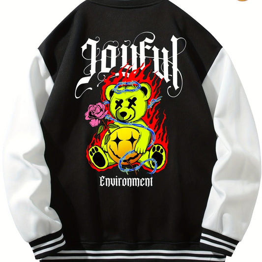Men's Joyful Muppet Bear Print Jacket Long Sleeve Baseball Collar