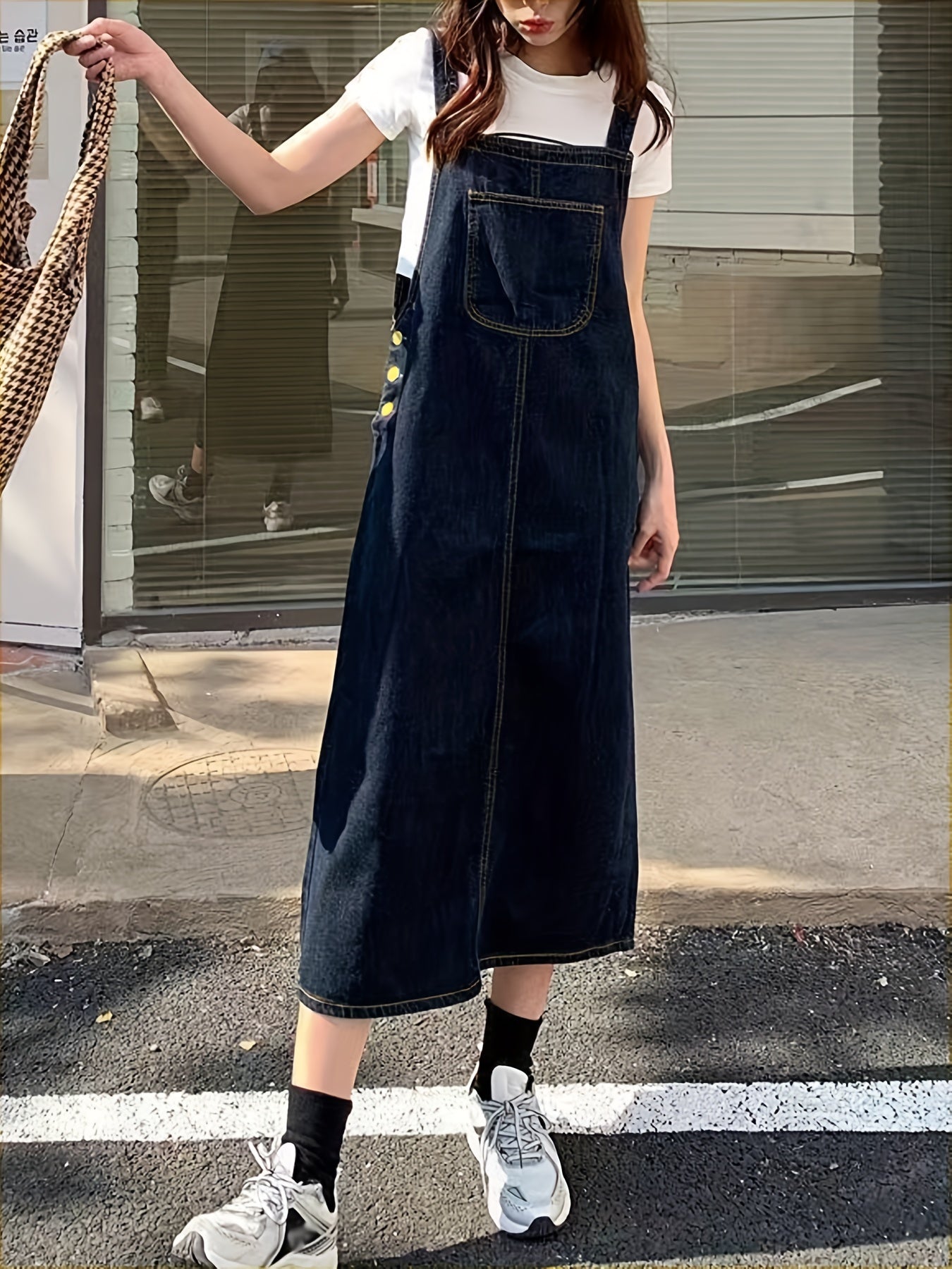 Denim Overall Dress with Patch Pockets
