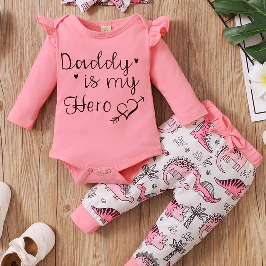 3pcs Daddy Is My Hero Romper & Dinosaur Pants & Hairband