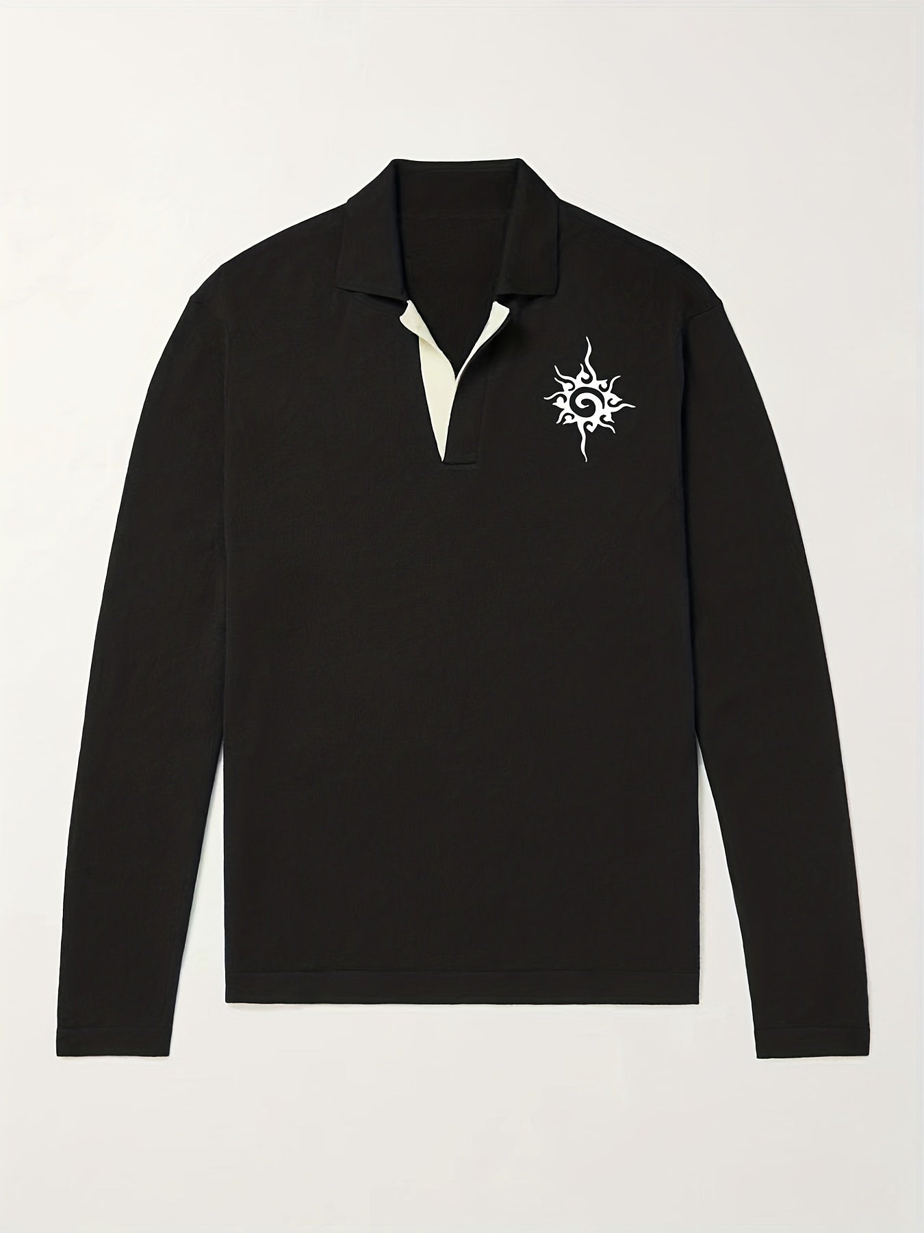 Retro Pattern Knit Polo Shirt Men's Casual Lapel Stretch V Neck Pullover Sweater