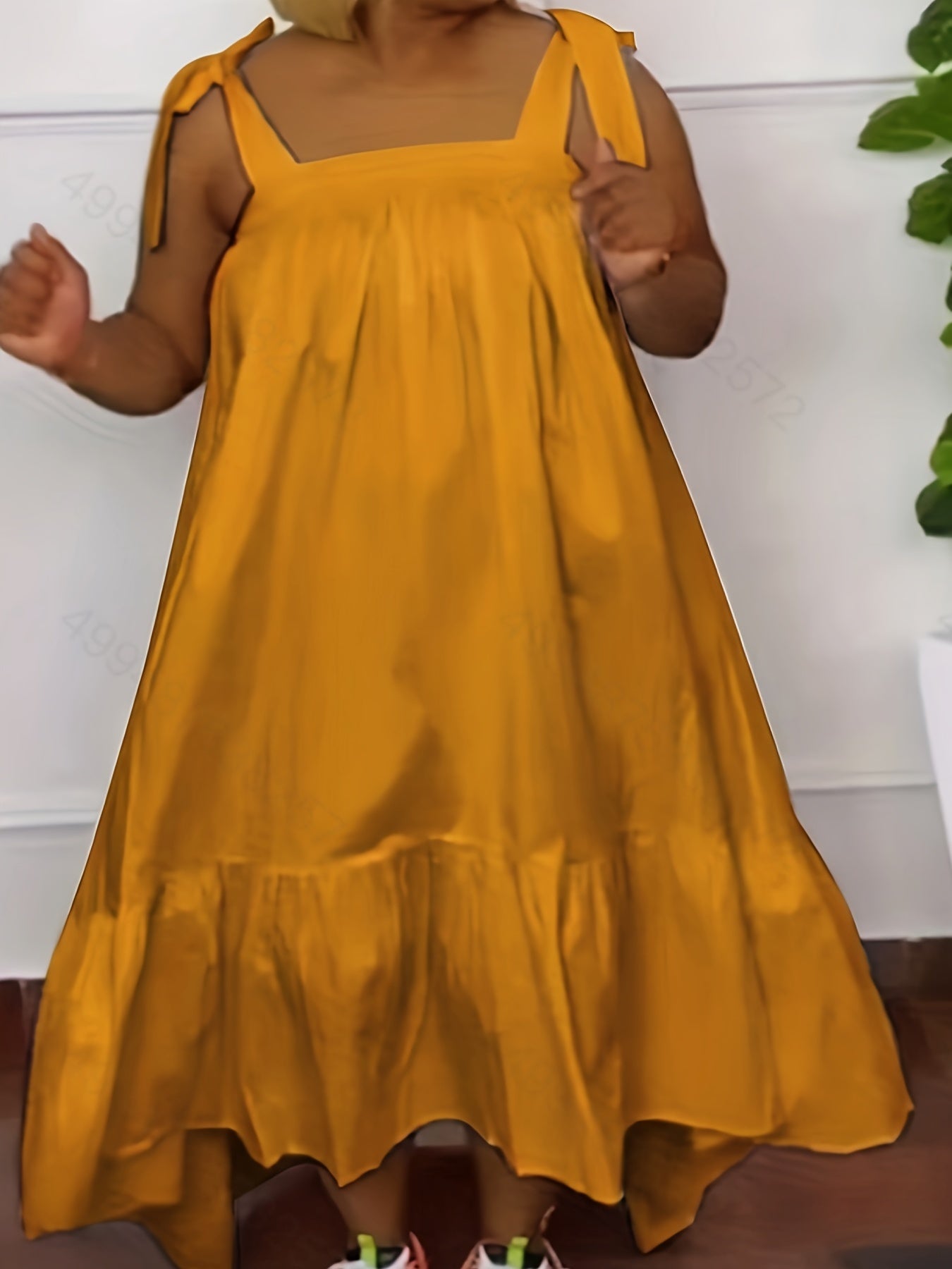  Solid Square Neck Ruffle Trim Dress