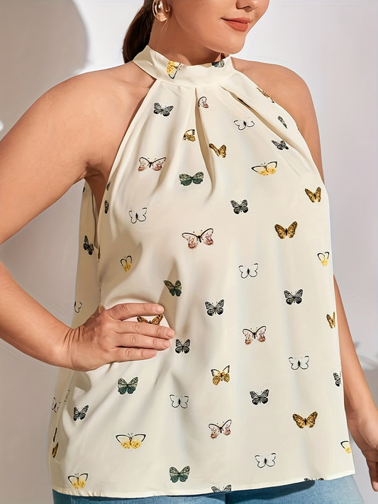 Plus Butterfly Print Halter Tank Top