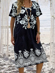 Floral Print Short Sleeve Plus Size Dress With Pockets