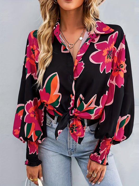  Floral Print Button Up Lantern Sleeve Blouse
