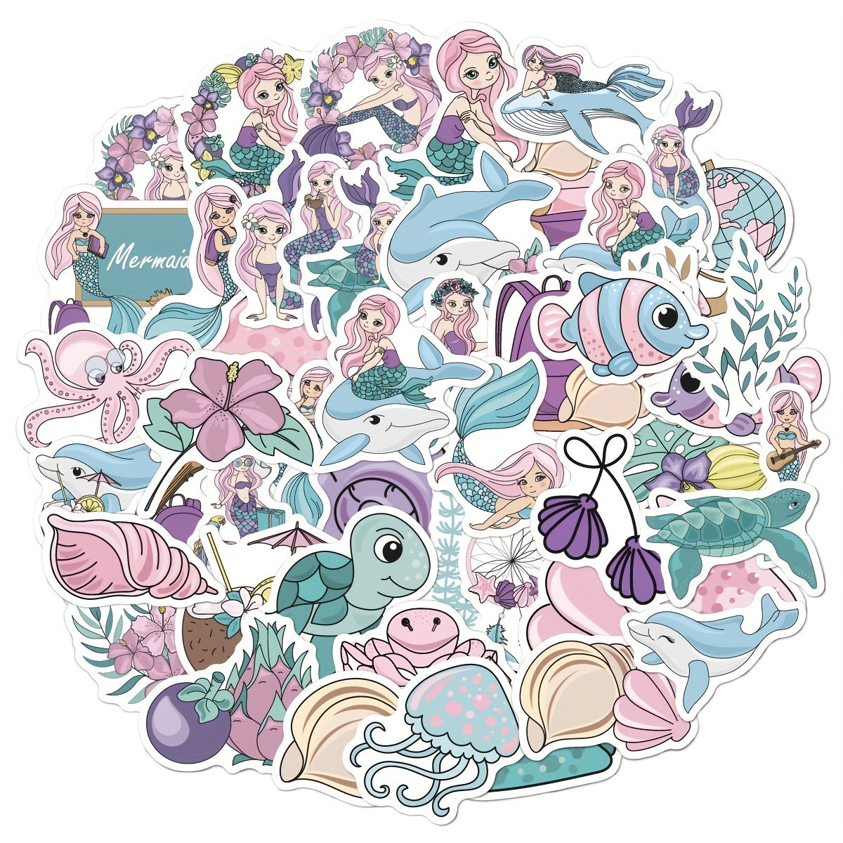 50pcs Mermaid Stickers Waterproof Vinyl Art for Water Bottles & Notebooks