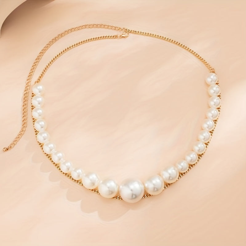 Faux Pearl Waist Chain Double Layer Metal Chain Belt Decorative Dress Girdle