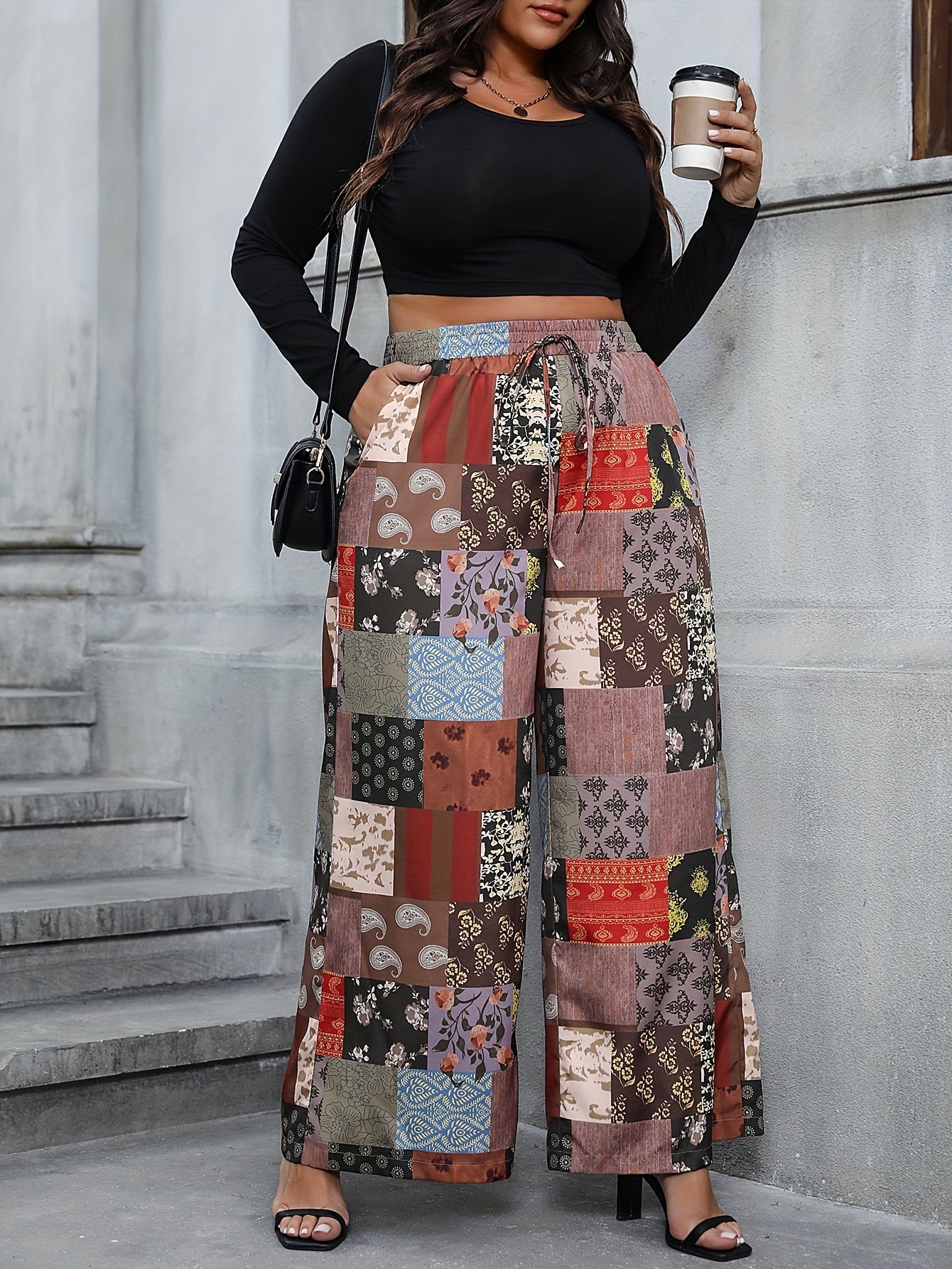  Boho Patchwork Print Drawstring Pants