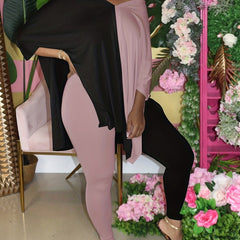  Colorblock Bat Sleeve V Neck Split Top & Leggings Set