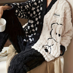 Cartoon Bear Pajama Set Long Sleeve Fuzzy Top & Pants