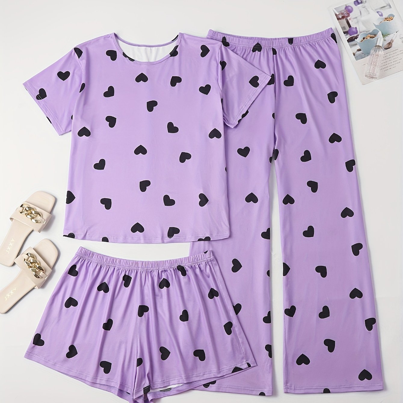  Heart Print Tee & Shorts & Pants Set