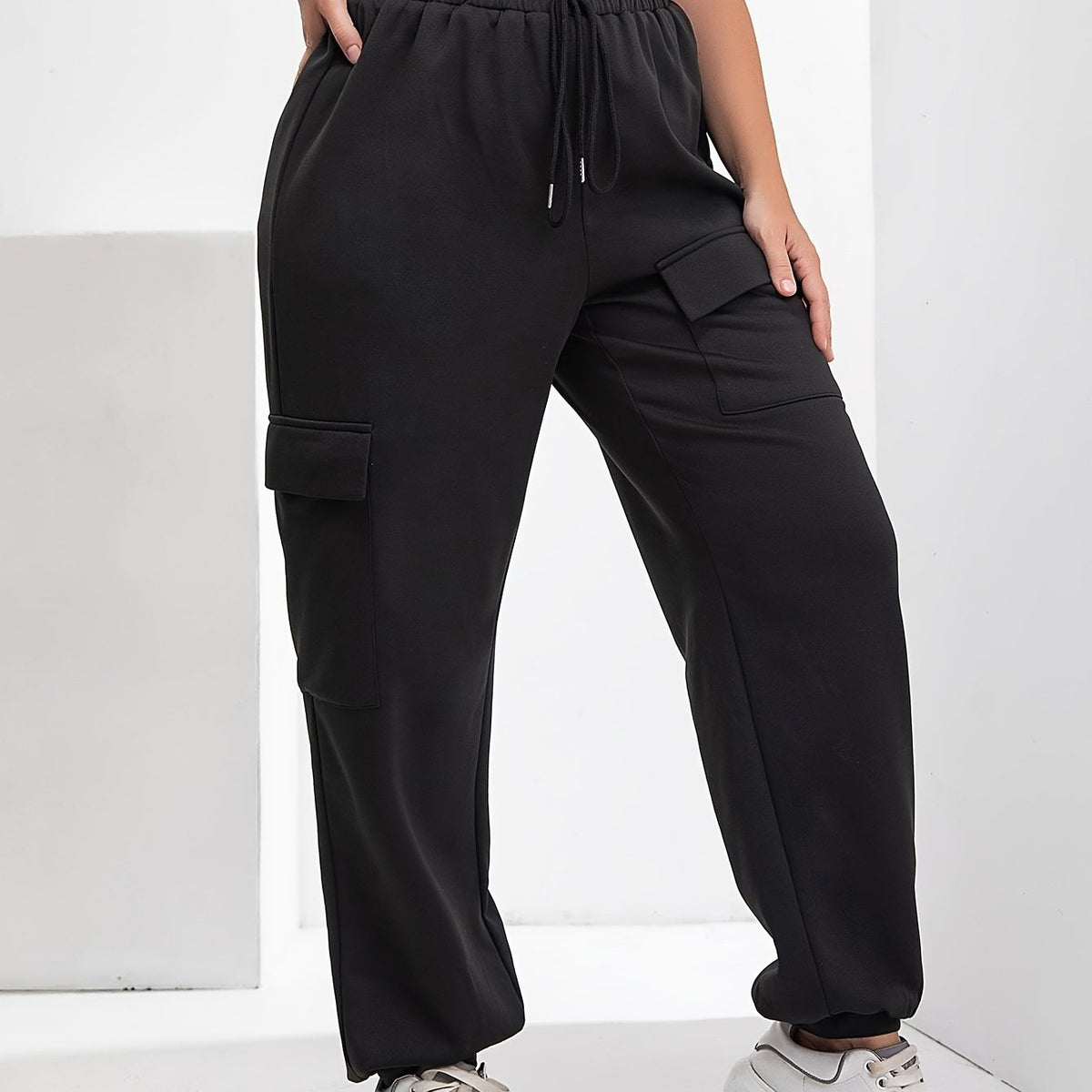 Solid Drawstring Elastic High Rise Cargo Joggers