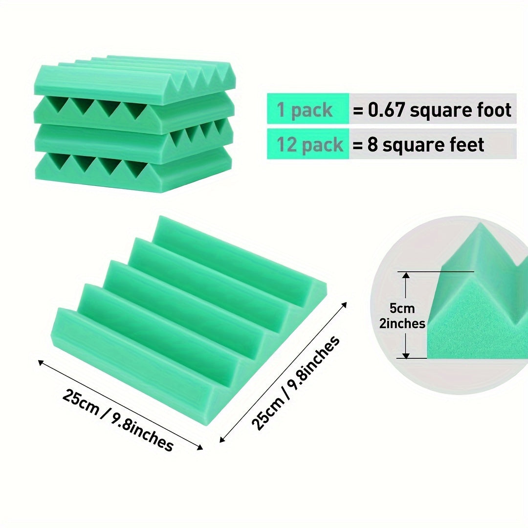 12pcs High Density Triangular Slot Sound Absorbing Cotton Green