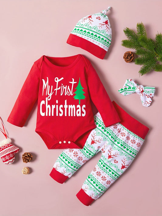 Christmas Party Baby Romper Pants Hat Headband Set