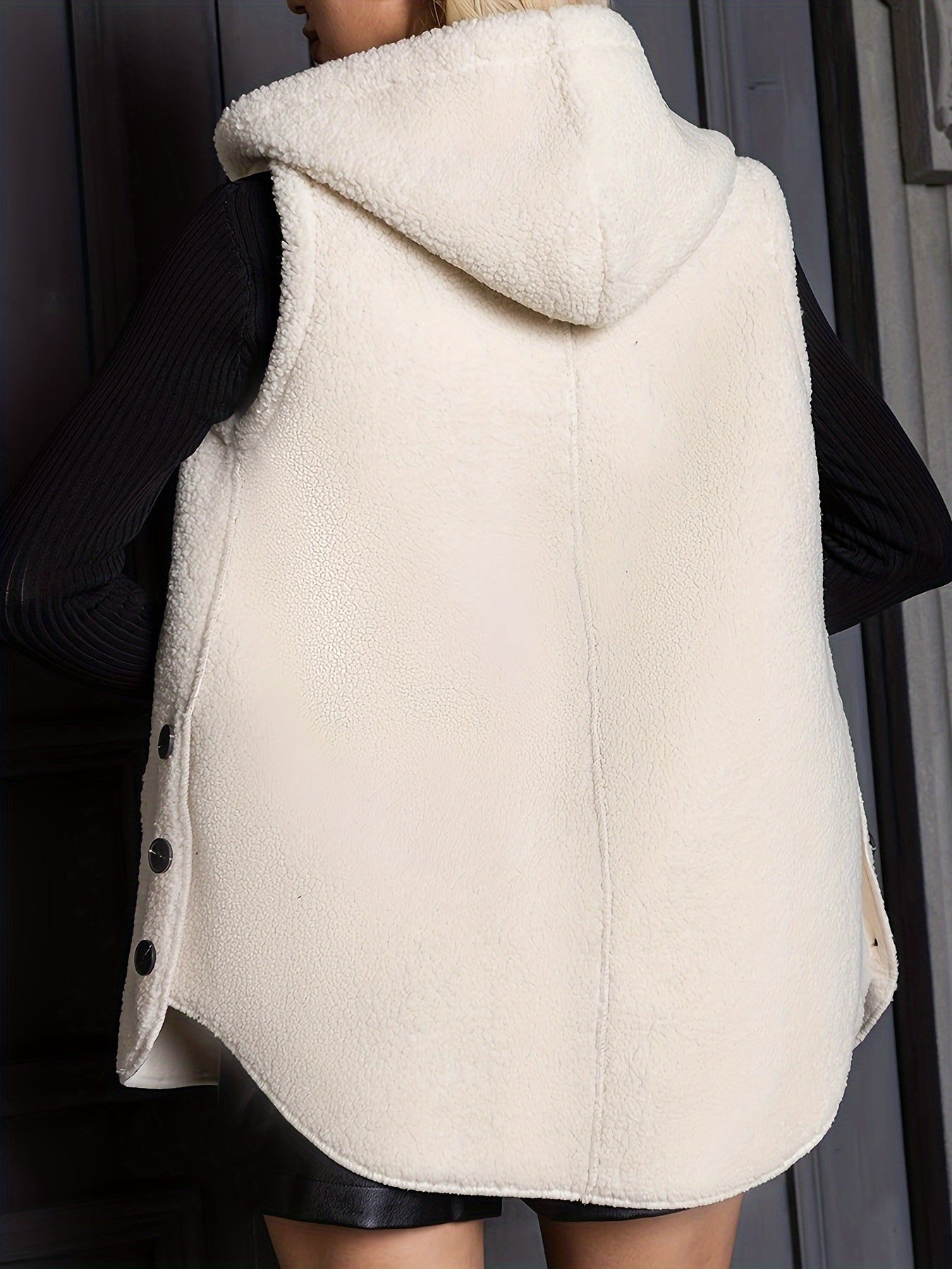 Hooded Teddy Vest Button Front Sleeveless Casual Outerwear