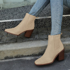 Chunky Heeled Ankle Boots Square Toe Casual Shoes