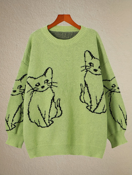  Y2K Cat Pattern Crew Neck Sweater