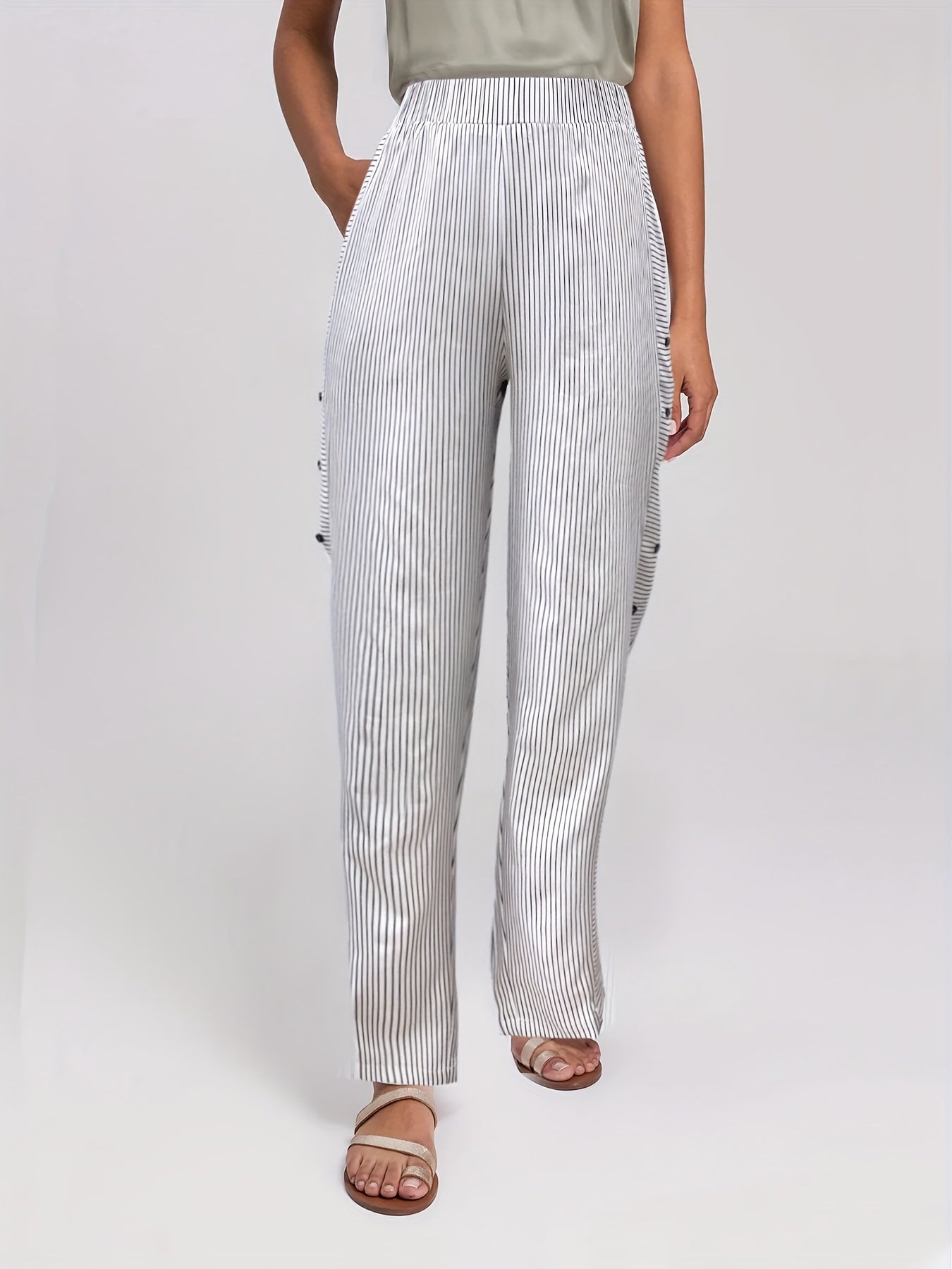  Stripe Print Button Elastic High Rise Trousers