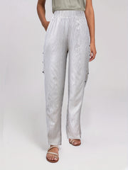  Stripe Print Button Elastic High Rise Trousers