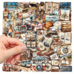 50pcs Vintage Travel Diary Stickers - Suitcase Map Compass Camera Designs