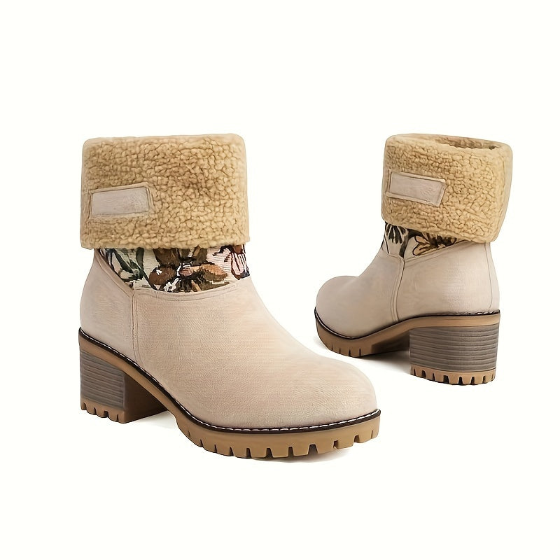 Ethnic Style Flower Pattern Chunky Snow Boots Plush Lined Thermal Snow Shoes