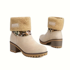 Ethnic Style Flower Pattern Chunky Snow Boots Plush Lined Thermal Snow Shoes
