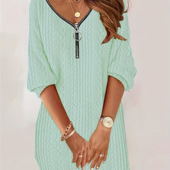 Women's Plus Solid Half Zipper Long Sleeve V Neck Mini Dress