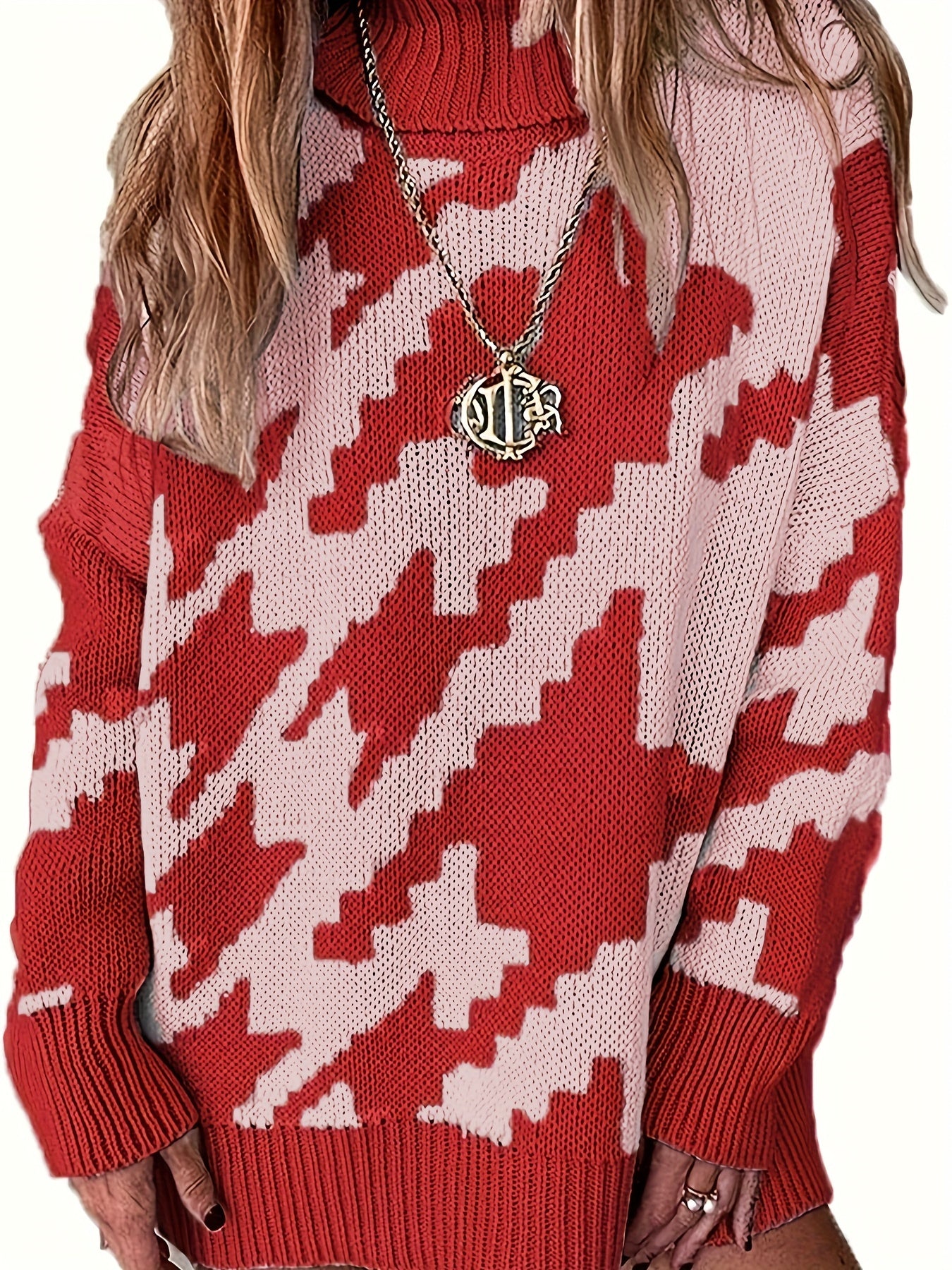  Houndstooth Print Turtle Neck Jumper