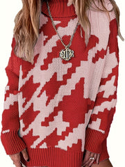  Houndstooth Print Turtle Neck Jumper
