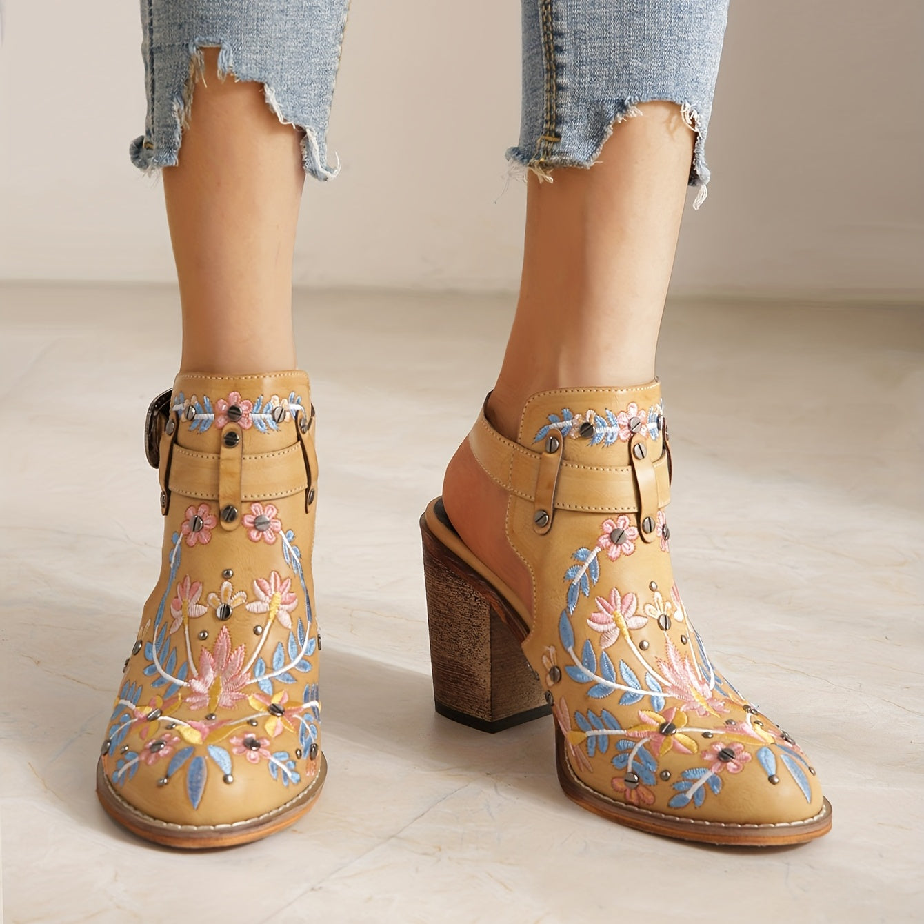 Embroidered & Studded Chunky Heeled Boots