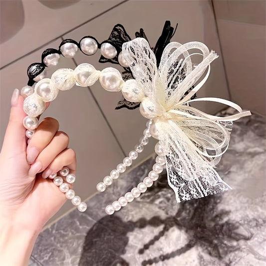 Lace Bow Headband Faux Pearl Hair Band for Women