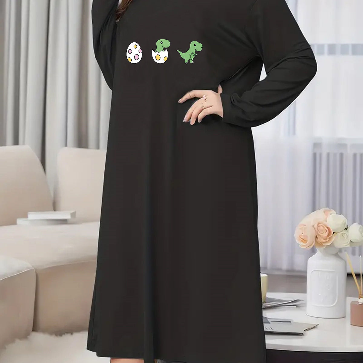  Dinosaur Eggs Print Long Sleeve Round Neck Tee Sleep Dress