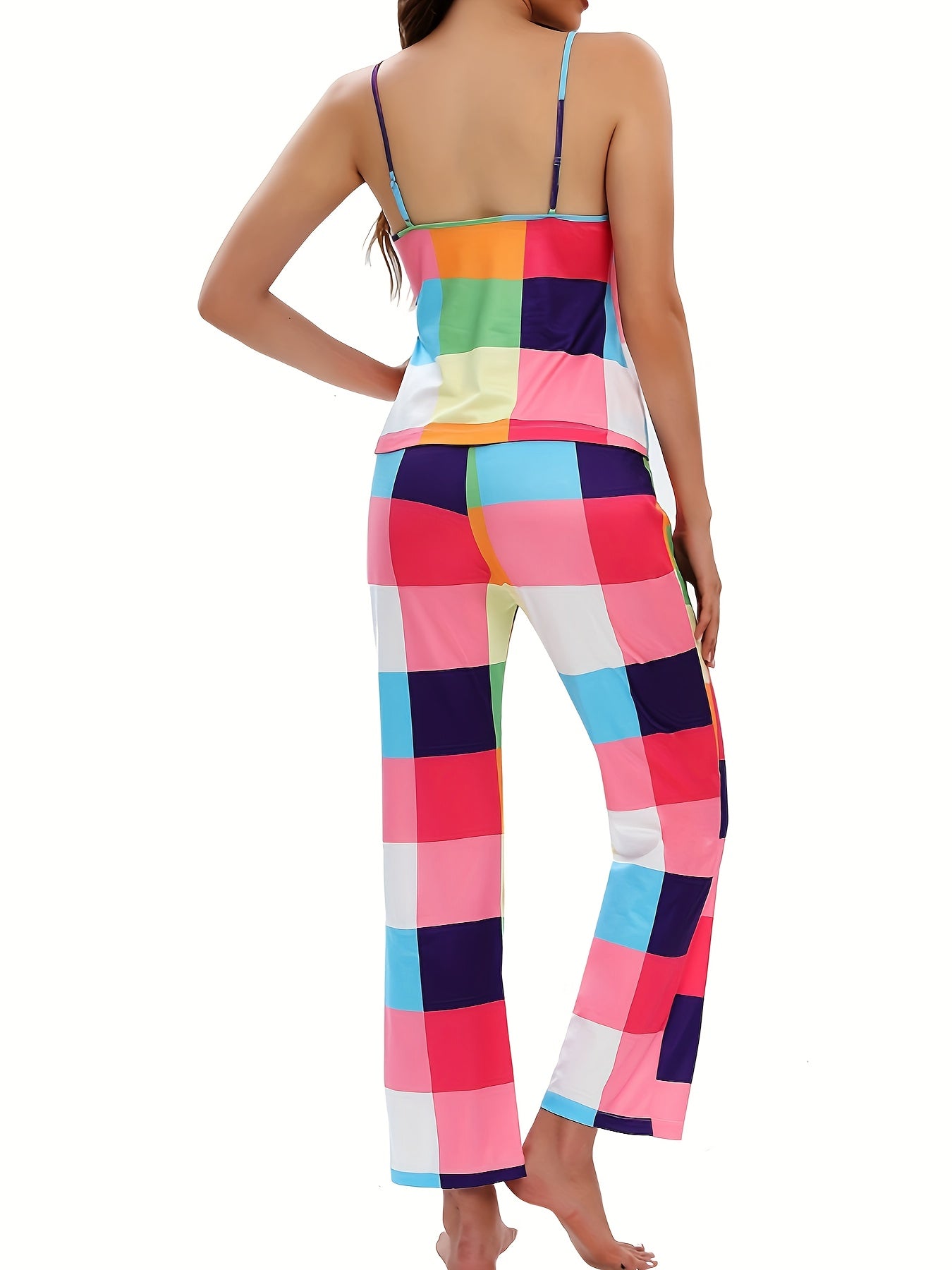 Plaid Lounge Set Crew Neck Cami Top & Pants Women's Loungewear